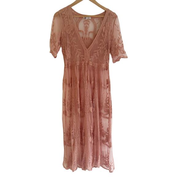 Vintage Woven Heart Lace Sheer Embroidered Boho Dress Pink Midi Sz Medium Floral - Picture 1 of 5
